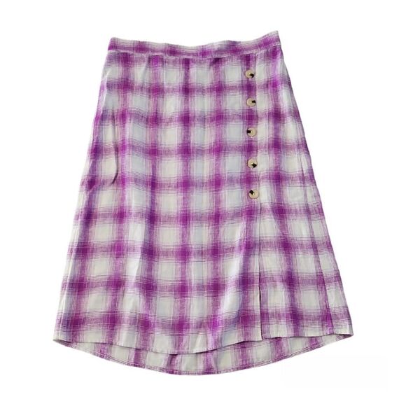LOFT Pull On Plaid A Line Waistband Midi Dress Linen Blend Purple M NWT - Picture 1 of 10